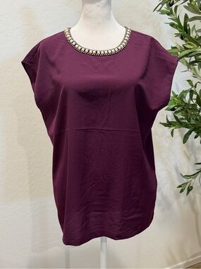 KENAR burgundy embellished blouse featuring a rhinestone neckline Sz L